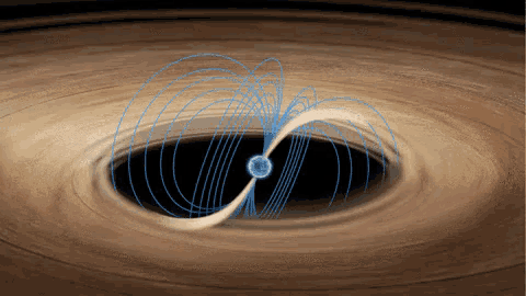 a computer generated image of a black hole with blue lines surrounding it