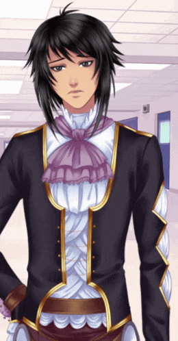 a man with black hair is wearing a black jacket and a purple tie