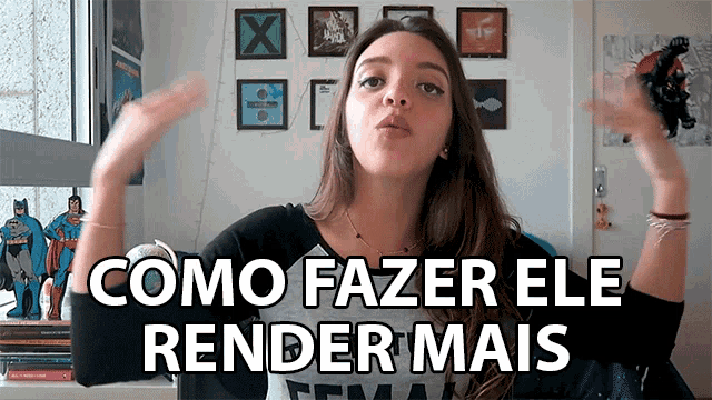 a woman is standing in front of a wall with pictures and the words como fazer ele render mais