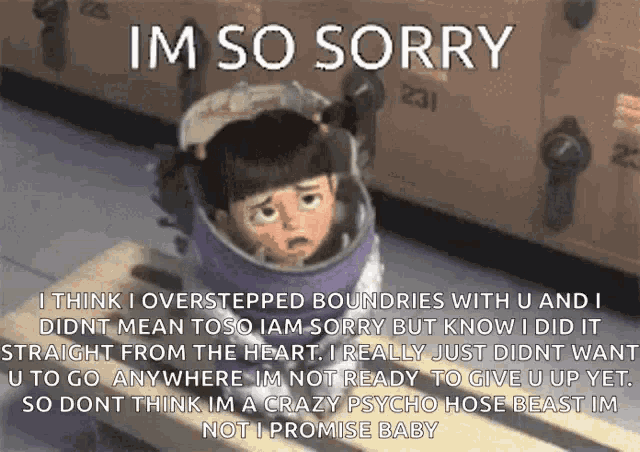 a picture of a boy in a bucket with the words im so sorry