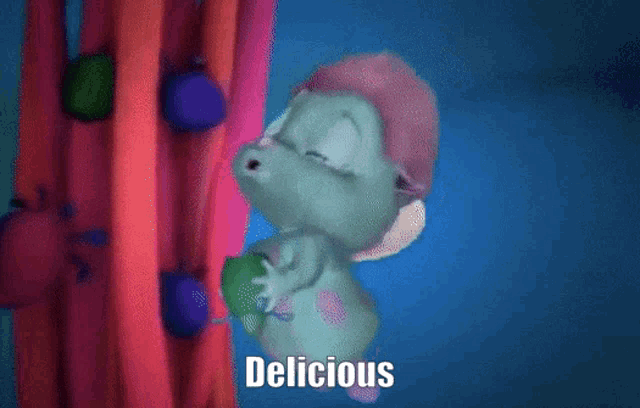 a cartoon character with the word delicious written on the bottom