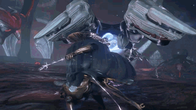 a video game character is fighting a giant robot