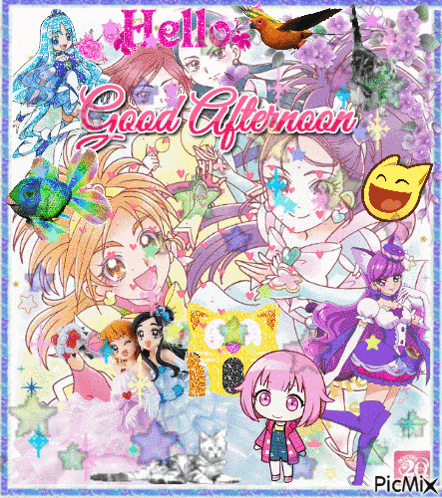a collage of anime characters with the words hello good afternoon written on it