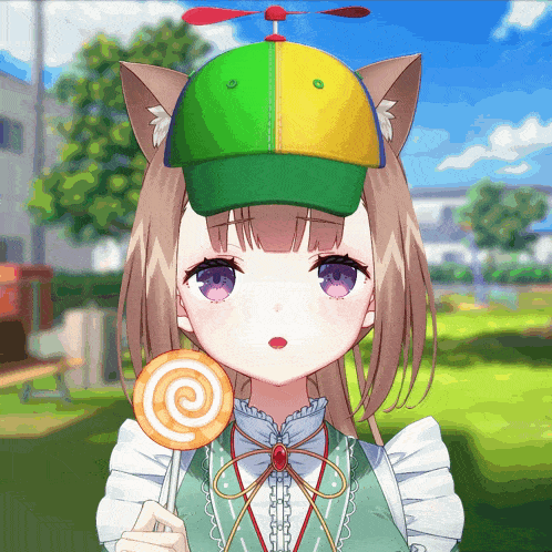 a girl wearing a hat with a propeller on top holds a lollipop