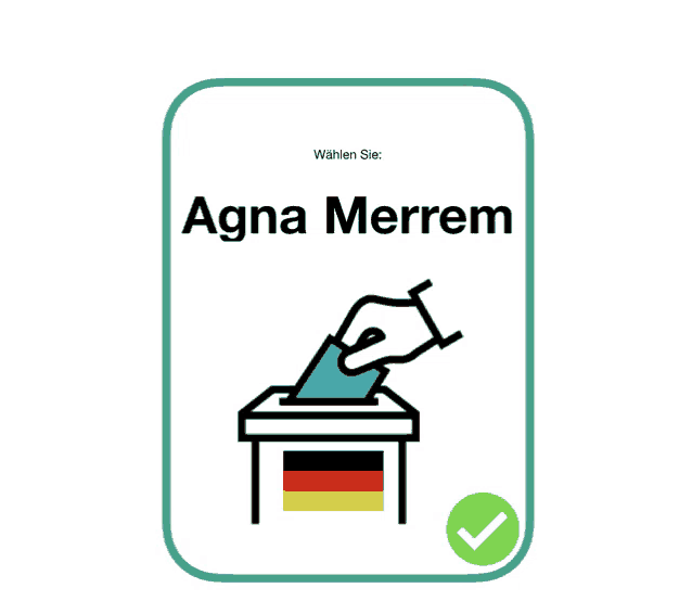 an illustration of a hand putting a ballot into a ballot box with the name agna merrem on it