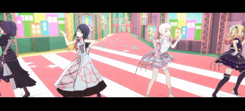 a group of anime girls are dancing on a red and white striped floor
