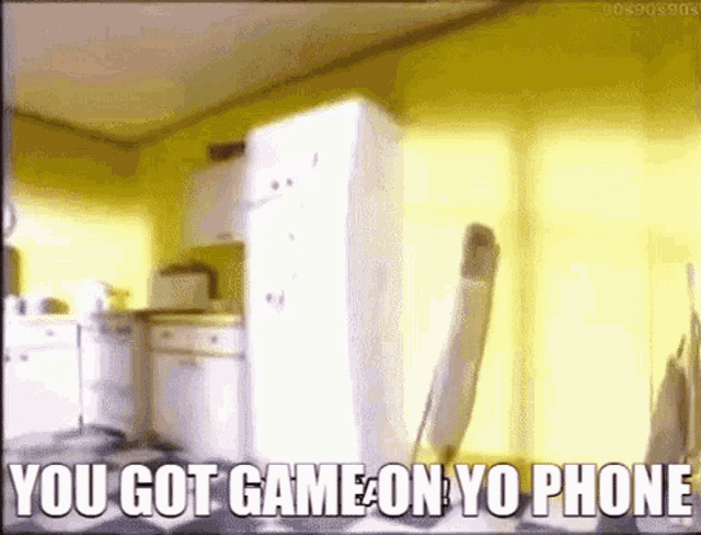 a video of a kitchen with the words `` you got game on yo phone '' on it .