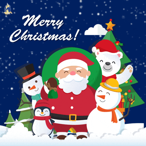 a merry christmas greeting card with santa claus penguins and snowmen
