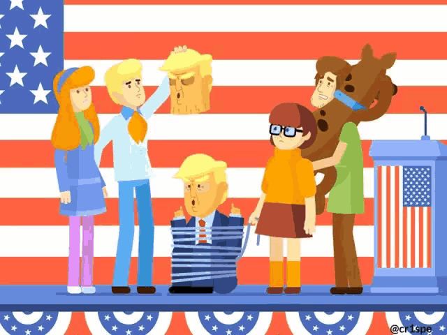 a cartoon of scooby doo standing in front of an american flag with donald trump tied up