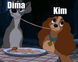 a lady and the tramp dog eating spaghetti with dima and kim in the background