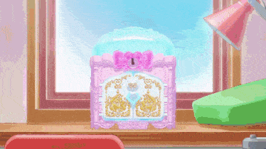 a pixel art illustration of a pink jewelry box with a key in it