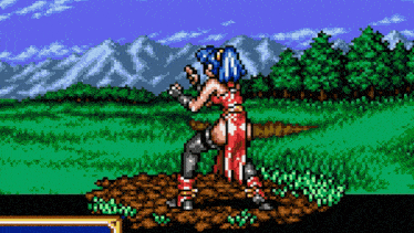 a pixel art of a woman in a red dress standing in a field .