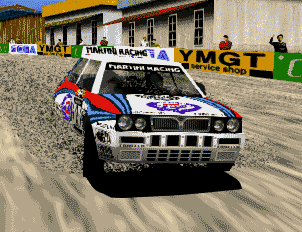 a martini racing car is driving down a dirt track