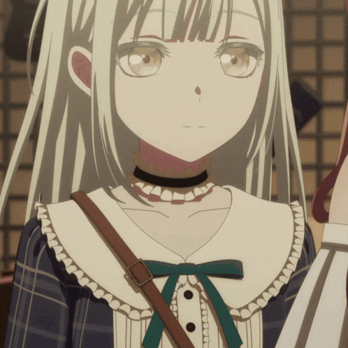 a girl with white hair is wearing a plaid dress and a choker