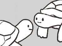 a black and white drawing of two turtles with a question mark in the background