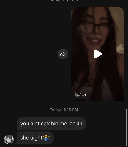 a screenshot of a video of a girl with glasses and the words you aint catchin me lacking and she aight