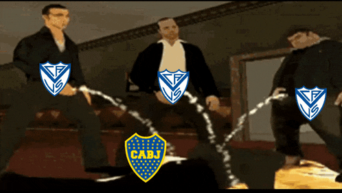 a group of men urinating on each other with cabj logos on their pants
