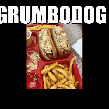 two hot dogs and french fries on a red tray with the words grumbodog on the bottom