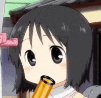 a close up of a cartoon girl holding a tube in her mouth .