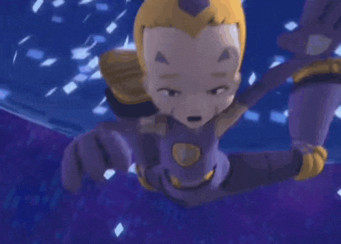 a cartoon character is flying through the air in a purple suit