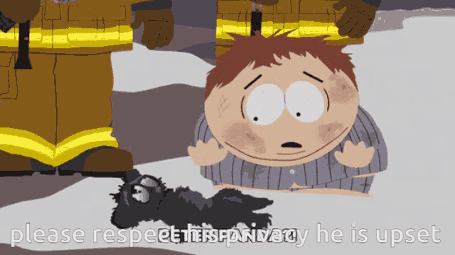 a cartoon of a man laying on the ground with the words " please respect his privacy he is upset "