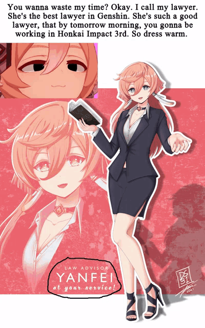 a drawing of a girl in a suit with the name yanfei at the bottom