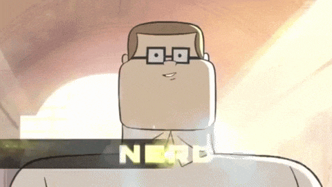 a cartoon of a man with glasses and the word nerd behind him