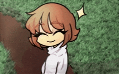 a cartoon girl with brown hair and a white sweater is smiling and standing in the grass .