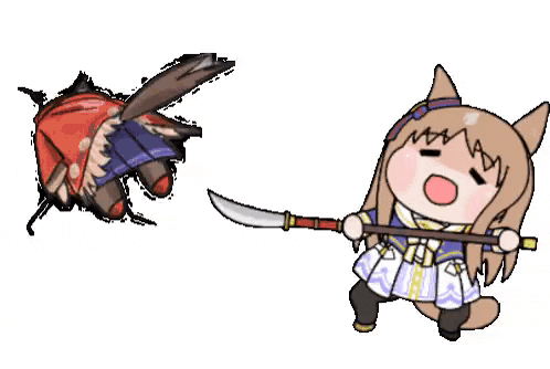 a cartoon cat is holding an axe next to a bug .