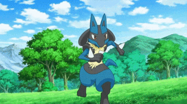 a pokemon is standing in a grassy field with trees in the background .
