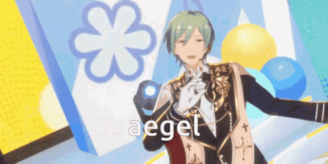 a man with green hair is holding a blue ball and the word aegel is above him