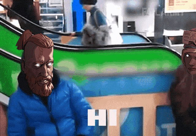 a man in a blue jacket is sitting in front of an escalator and the word hi is on the bottom