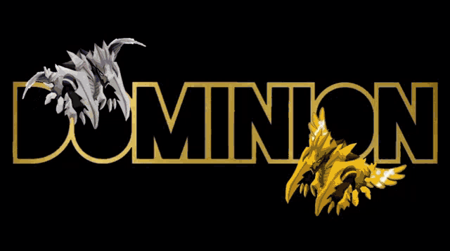 a gold background with the word dominion in black letters
