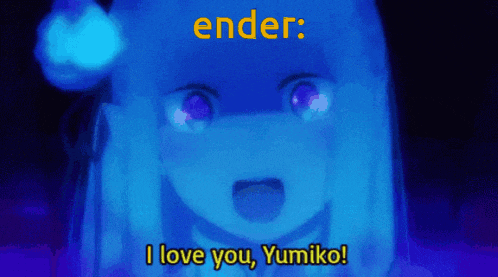 a blue anime girl says i love you yumiko in yellow letters