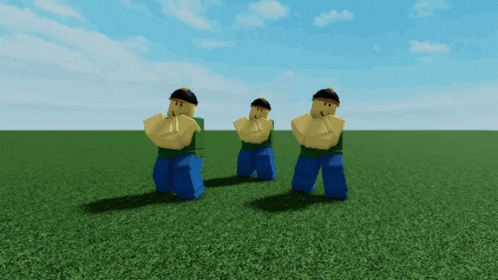 three roblox characters are dancing in a field
