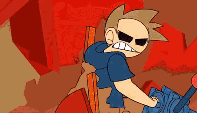 a cartoon character is sitting in a chair with a sword in his hand .