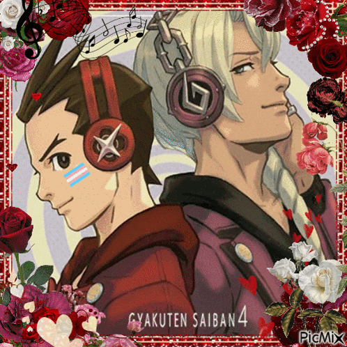 a picture of a man wearing headphones and a picture of a man wearing a jacket that says gyakuten saiban 4