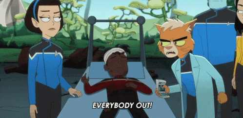 a cartoon of a man in a stretcher with the words everybody out below him