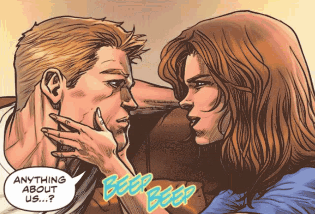 a man and woman are looking at each other with a speech bubble that says " anything about us "