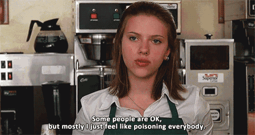 a woman in a green apron says " some people are ok but mostly i just feel like poisoning everybody "