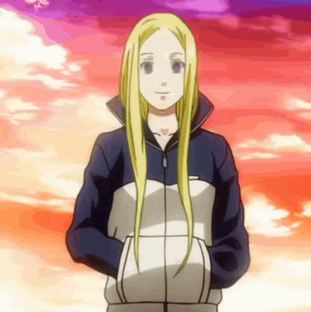 a girl with long blonde hair is standing in front of a cloudy sky