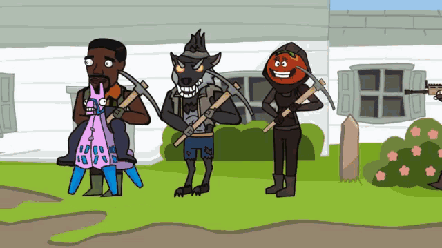 a cartoon of a man carrying a llama and a wolf with a pumpkin head
