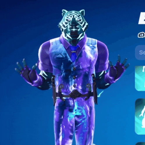 a man in a purple suit has a tiger head on his head