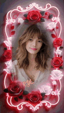 a woman is surrounded by red roses and the name fryl is on the bottom