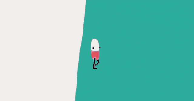 a cartoon drawing of a woman 's mouth with a pill walking through it
