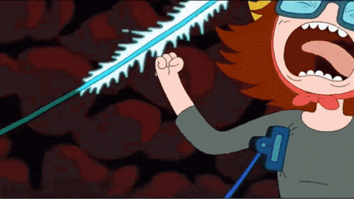 a cartoon character is holding a sword with a blue blade