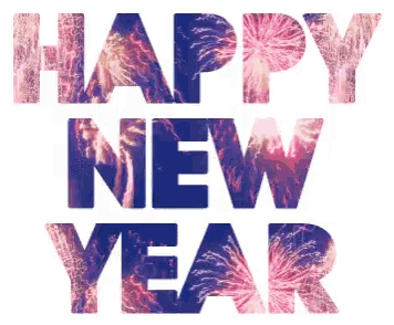 the word happy new year is surrounded by pink fireworks