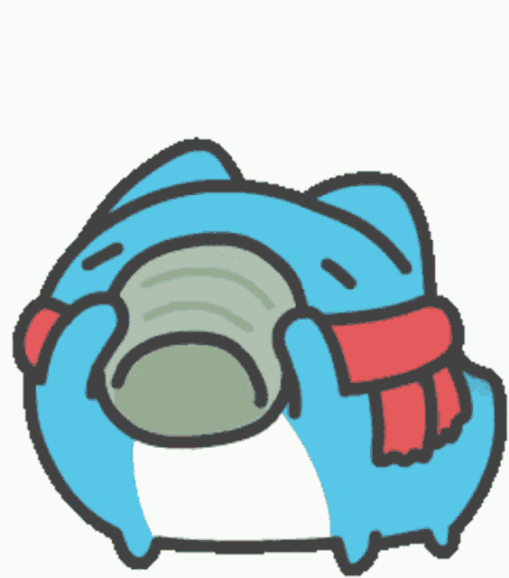 a cartoon frog wearing a scarf is holding a cup of hot liquid