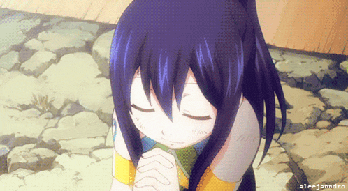 a girl with purple hair is praying with her eyes closed and the name aleejandro is on the bottom right