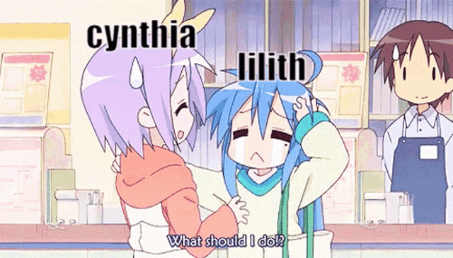cynthia and lilith are standing next to each other in a room